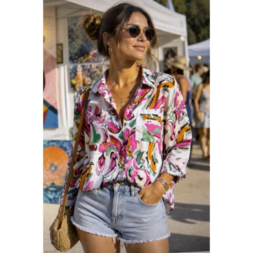 Fate Small Deco Blouse Career Wear Button Down Collar artsy festival pink small